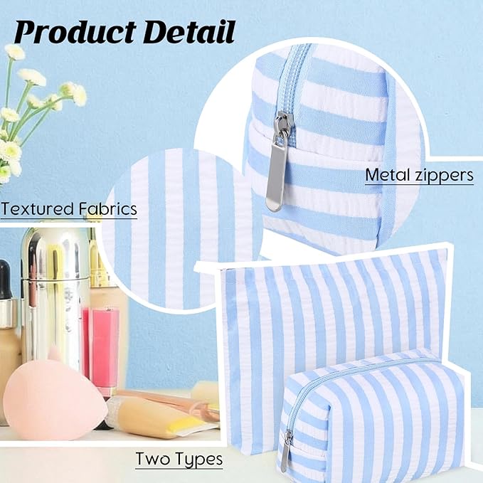 Huhumy 2 Pcs Makeup Bag Set Cute Cosmetic Pouch for Women Seersucker Travel Toiletry Bag Preppy Small Makeup Purse Pouch Aesthetic Skincare Brushes Storage Organizer for Valentine Women(Blue Wide)