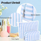 Huhumy 2 Pcs Makeup Bag Set Cute Cosmetic Pouch for Women Seersucker Travel Toiletry Bag Preppy Small Makeup Purse Pouch Aesthetic Skincare Brushes Storage Organizer for Valentine Women(Blue Wide)