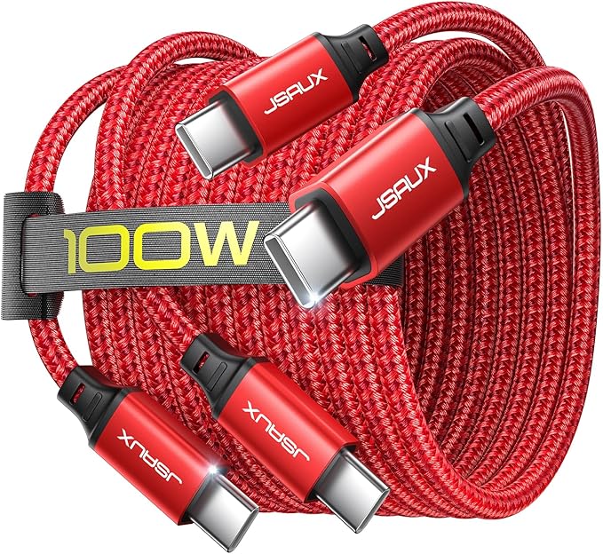 JSAUX 100W USB C to USB C Cable [2-Pack 6.6FT], Type C Fast Charging Cord for iPhone Air/iPhone 17/iPhone 17 Pro/iPhone 17 Pro Max, iPhone 16/15 Series, Galaxy S/Note Series, MacBook, iPad - Red