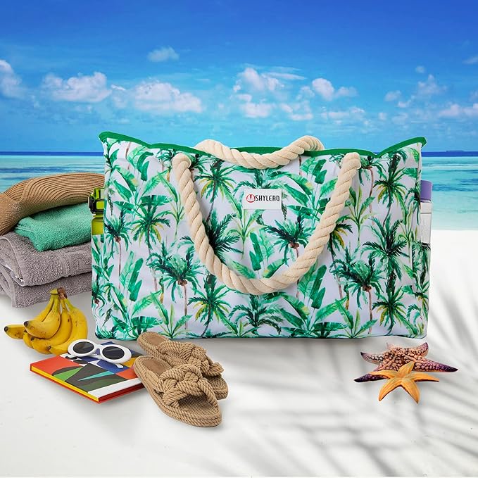 Beach Bag and Pool Bag Has Cooler Pocket, 7 Pockets Total, Zip Top. Family Size Waterproof Beach Tote