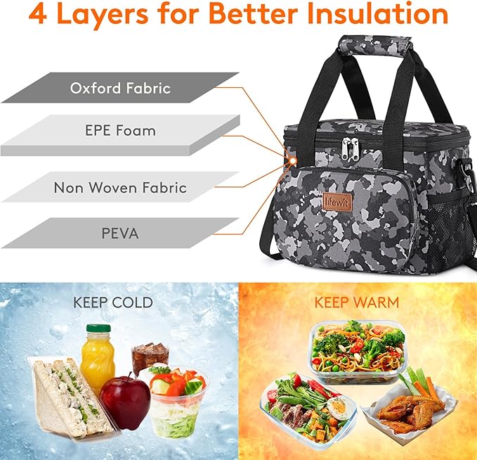 Lifewit Medium Lunch Bag, Insulated Lunch Box, Soft Cooler Cooling Tote for Adult Men Women, Black Camo 12-Can (9L)