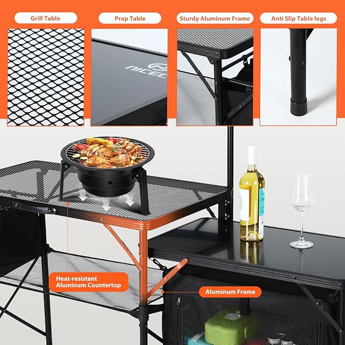 Nice C Camping Kitchen Table, Portable Folding Camp Cook Station, Storage Organizer, with Light Poles, Storage, Side Bag, Side Hooks, for Outdoor, Picnic, Beach, RV Traveling (Black)