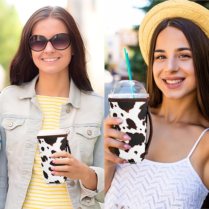KJQJLY 3 Pack Reusable Iced Coffee Sleeves for Iced Coffee Cups or Drinks Reusable Neoprene Insulated Sleeves for Hot and Cold Drinks from Starbucks, Dunkin, And More (Brown cow)