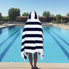 COTTON CRAFT Hooded Beach Towel – Oversized 35 x 70 Towel with Hood for Adults - 100% Cotton Velour Dobby Terry Towel - 450 GSM Pool Bath Wrap - Soft Absorbent Quick Dry – Cabana Stripe Navy