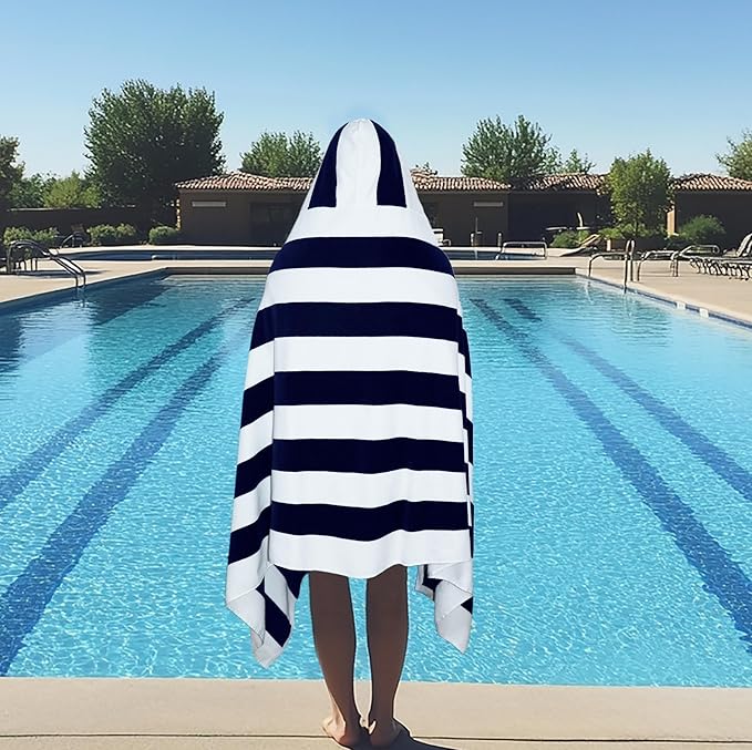 COTTON CRAFT Hooded Beach Towel – Oversized 35 x 70 Towel with Hood for Adults - 100% Cotton Velour Dobby Terry Towel - 450 GSM Pool Bath Wrap - Soft Absorbent Quick Dry – Cabana Stripe Navy