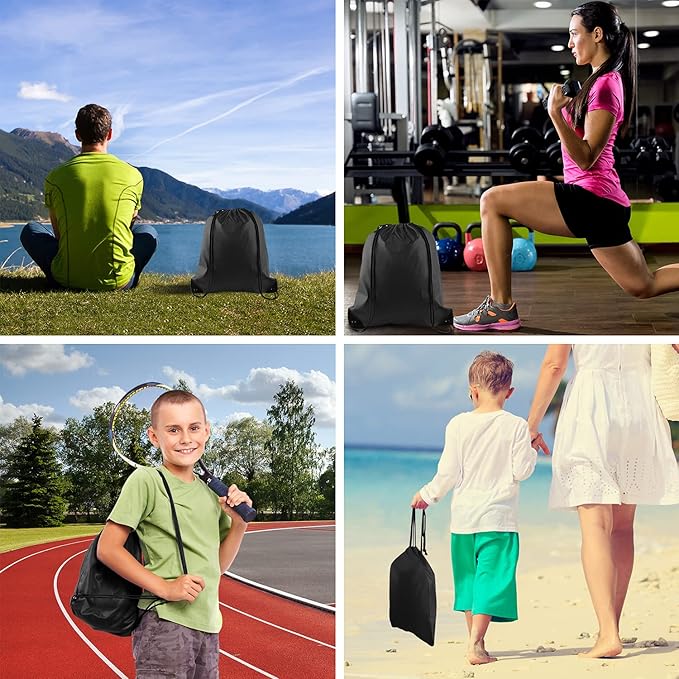 PLULON 25 Pcs Black Drawstring Bags Bulk, Black Drawstring Backpack Bulk String Backpack Cinch Sack Pull Sport Gym Backpack Bags for Yoga Traveling Outdoor Sports