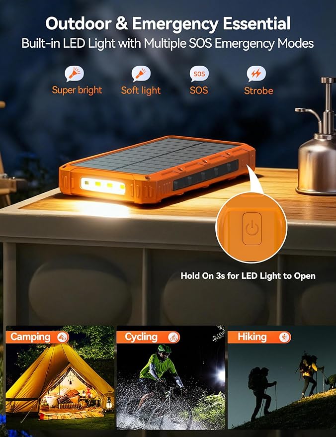 Solar-Charger-Power-Bank - 20000mah Solar Powered Battery Charger Cell Phone,20W Fast Charging Built in Cables,Camping Essentials Portable External Battery Pack Compatible with Multiple Devices