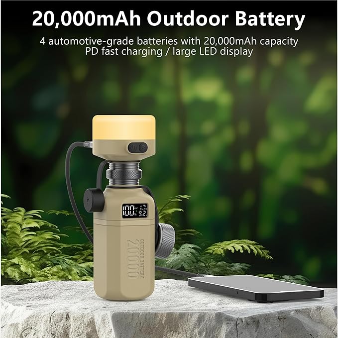 20,000mAh Rugged Power Bank with Fast Charge USB-C PD, IP68 Waterproof Shockproof, Includes 420lm Bright Camping Lantern, Tactical Outdoor Charger for Hiking Camping Survival Emergency