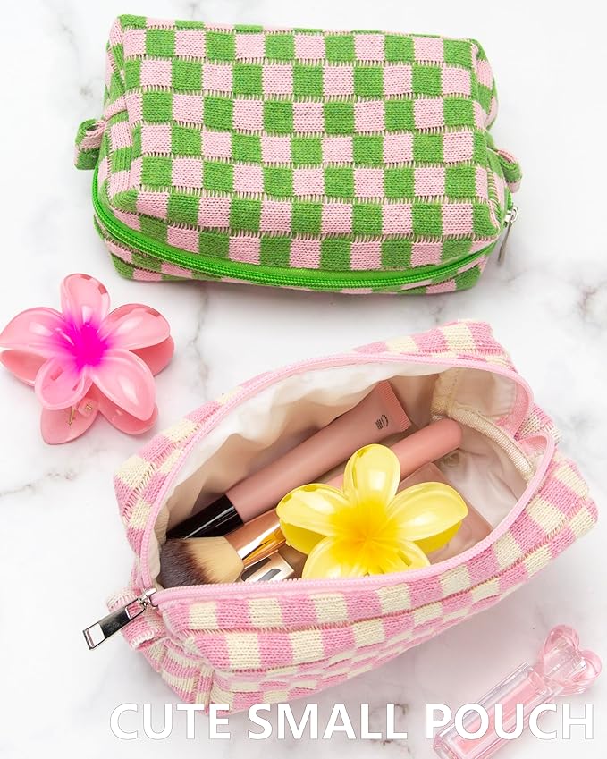 PAZIMIIK 6PCS Checkered Makeup Bag for Purse Portable Zipper Make Up Pouch Small Cosmetic Case for Travel Accessories Pink Beige