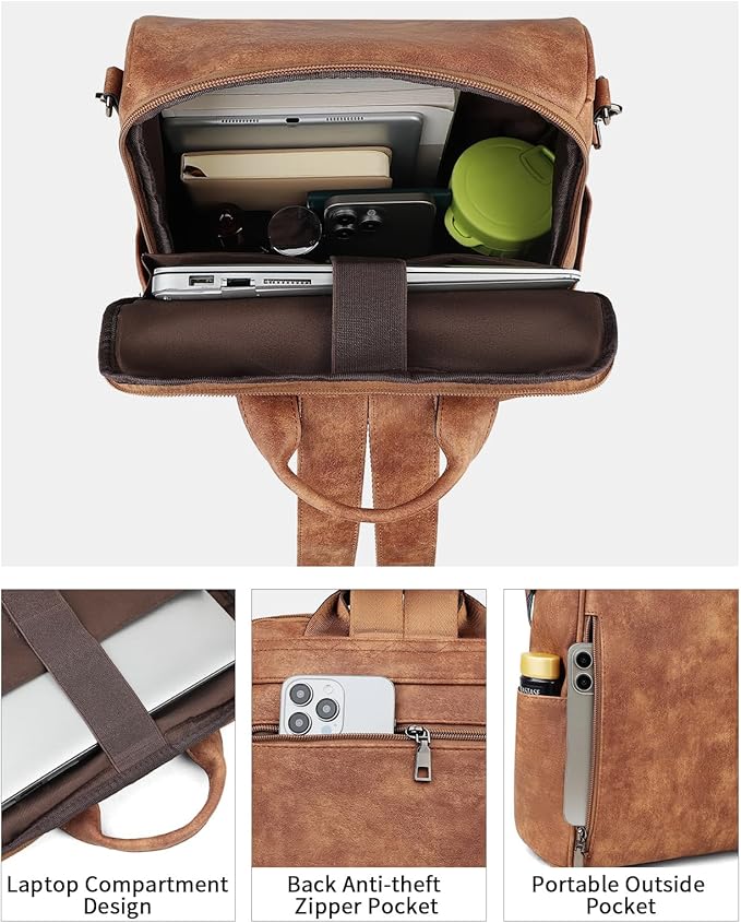 FADEON Leather Laptop Backpack for Women Designer 15.6 inch PU Laptop Bag, Ladies Travel Computer Work Backpack Brown