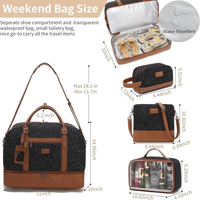 Wogarl 4PCS Weekender Bags for Women Large Overnight Weekend Travel Duffel Carry on Shoulder with Shoe Compartment Canvas Toiletry Bag for Travel Business Gym