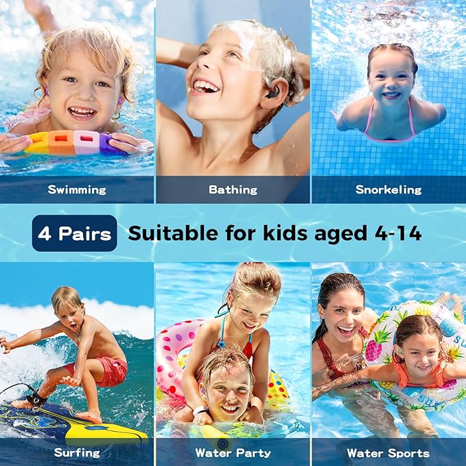 Waterproof Ear Plugs for Swimming Kids - 4 Pairs Reusable Silicone Swimming Ear Plugs for Children Ages 4-14, Keep Ear Water Out, Surfing, Bathing, Water Sports