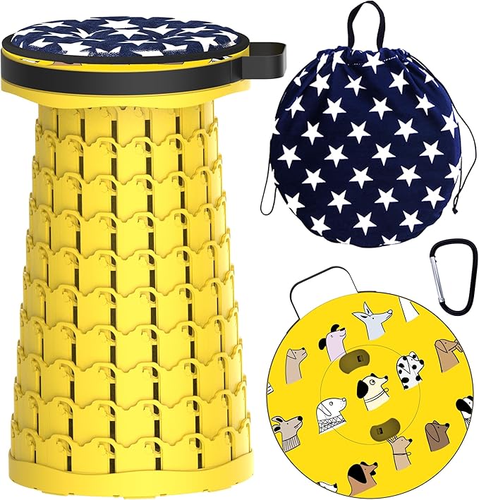 ALEVMOOM Upgraded Telescoping Collapsible Stool with Cushion, Folding Stool with Printing Portable Retractable Foldable Seat Max Load 550lbs for Adults Camping Fishing Outdoor
