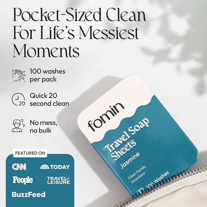 FOMIN - Antibacterial Paper Soap Sheets for Traveling - 300 Jasmine Portable Hand Soap Sheets for Travel in Tin - Dissolvable Mini Portable Travel Soap Sheet for Hand Washing, Camping and Hiking