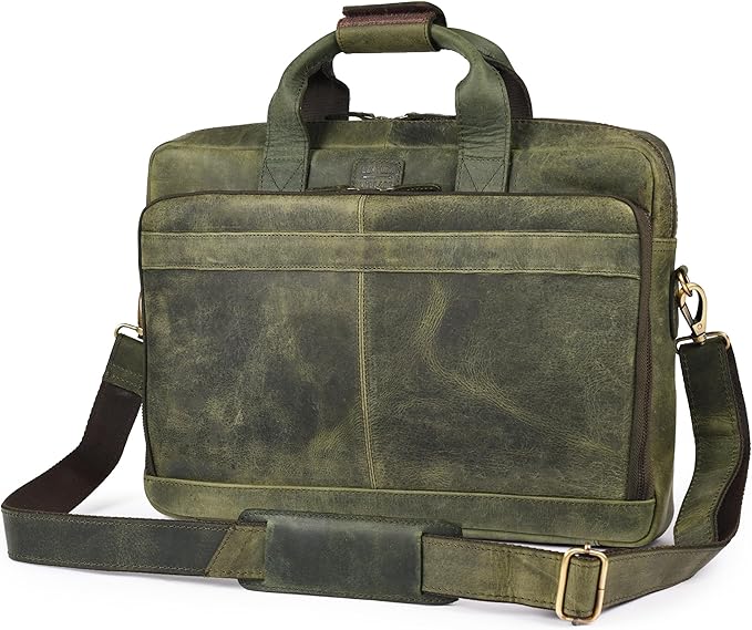 LEATHER VILLAGE 18" Leather Laptop Messenger Briefcase Bag for Men-Leather Satchel for Travel and Office Shoulder Bag- Olive