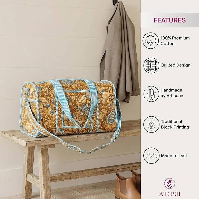 ATOSII Large Duffle Bag, Handblock Print 100% Quilted Cotton for Overnight Trip, Travel Weekender, Luggage, 2 Pockets with Zipper, 1 Front Pocket, Detachable Long Strap, 20 X 10 X 12 Inches, Sienna