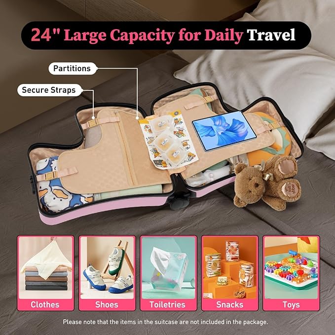 22 Inch Kid Ride Suitcase, Kid Travel Trolley With Safety Belt, Kids Luggage Seat Ride With Lock, Luggage For Kids Airplane Travel,Suitcase To Aged 1-6 Years Old, ABS+PC (Yellow)