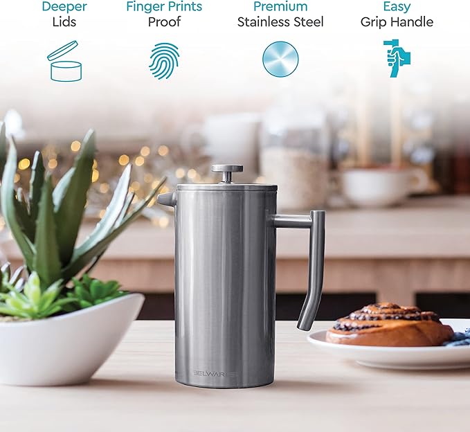 French Press Coffee Maker 34oz (1 Liter) - 304 Stainless Steel Insulated Coffee Press Maker, Double Wall Thermal, 4-Level Filtration, Includes 2 Extra Filters, Rust Resistant, Dishwasher Safe, Silver