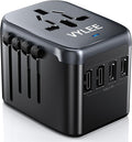 VYLEE Universal Travel Adapter, 5 in 1 International Power Adapter with 3.5A 2xUSB-A & 2xUSB-C Ports, Travel Plug Adapter Worldwide for Europe USA UK AUS Travel Essentials (Black Grey)