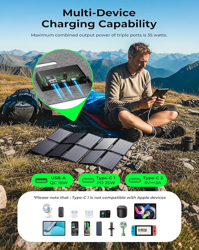 BigBlue Portable 35W Solar Panel Charger with Fast Charging USB-A and PD 25W USB-C for Camping Backpacking, 1.54 lbs, IP68 Waterproof, Folding Solar Phone Charger for iPhone/Android, iPad, Power Bank