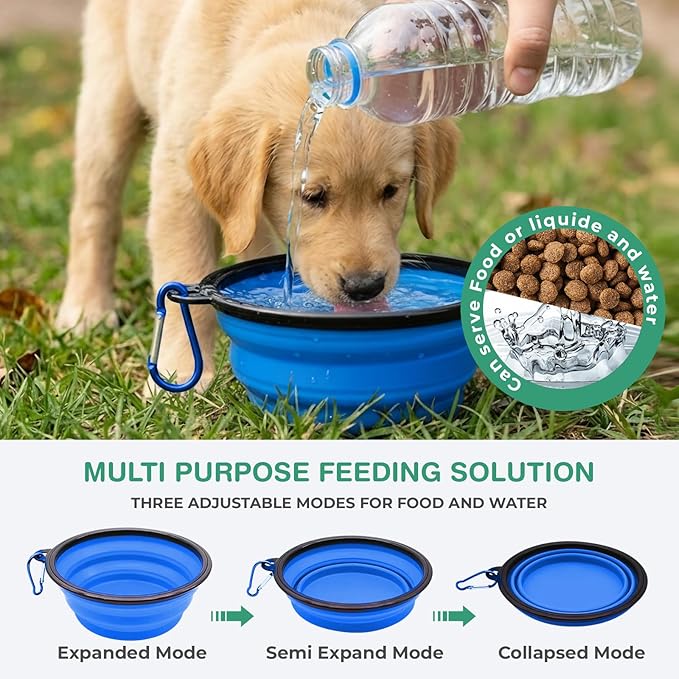 Collapsible Dog Bowls for Travel, Portable Dog Water Bowl & Food Bowl for Dogs and Cats, Foldable Pet Feeding Dish for Walking Hiking Camping with Carabiner, BPA Free, Blue