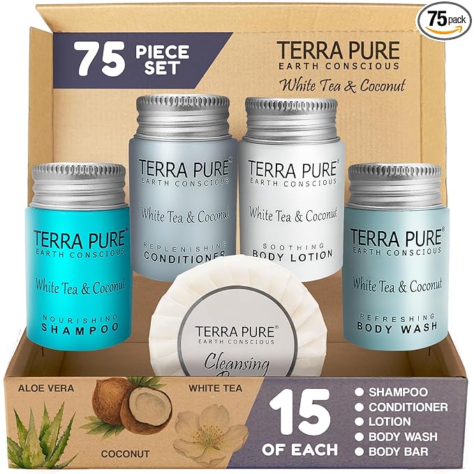 Terra Pure White Tea & Coconut Toiletries Set | 1-Shoppe Amenities Kit | 1oz Liquids, 1.25oz Bar Soap | Hotels, Airbnb & Rentals | 75 Pieces