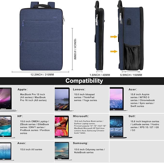 ZINZ Slim & Expandable Laptop Backpack 15 15.6 16 Inch Case, Water Resistant Travel Backpack Compatible with MacBook Pro/Neo 16" 15", Dell XPS 15 16 and Most 15" 15.6" 16" Notebooks，B01L01