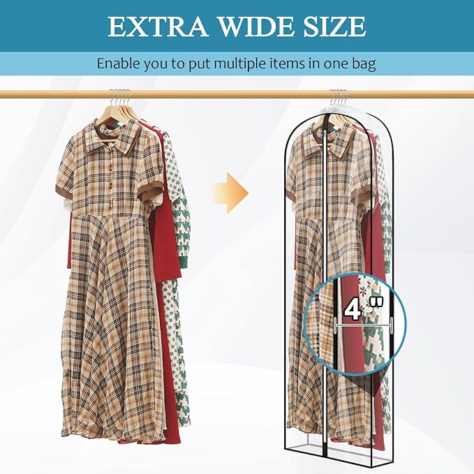 60" All Clear Dress Bags for Gowns Long, 4" Gusseted Garment Bags for Hanging Clothes, Womens Dress Garment Bag with Zipper for Skirts, Wedding Dresses, Winter Fur Coats, 4 Packs