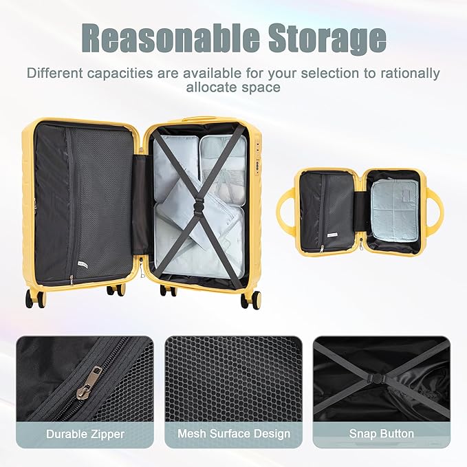 20 Inch Carry on Luggage with 14 Inch Cosmetic Case, 2 Pcs Hardshell Lightweight Durable Spinner Suitcase Set for Travel, Women, Men, TSA Lock, ABS, 20+14 Inch (Yellow)