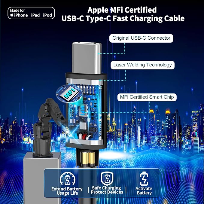 【Apple MFi Certified】iPhone 17 Car Charger, Caiinei 4.8A USB Car Power Cigarette Lighter Adapter USB-C Carplay Fast Charger + 6FT Type-C Cord for iPhone 17/17 Air/17 Pro Max/16/15/Galaxy S25/S24/Pixel