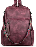 FADEON Leather Laptop Backpack for Women Designer 15.6 inch PU Laptop Bag, Ladies Travel Computer Work Backpack Red