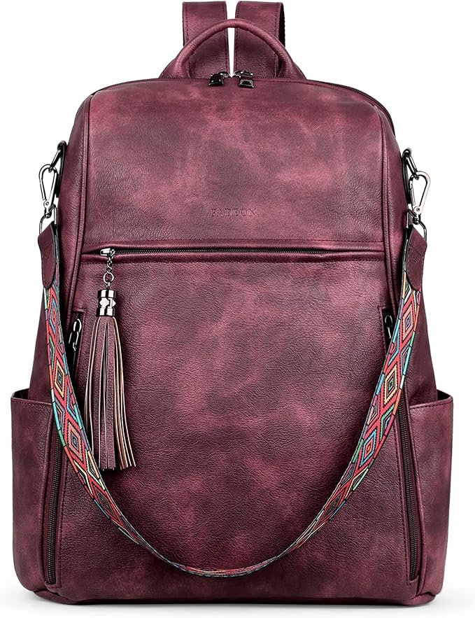 FADEON Leather Laptop Backpack for Women Designer 15.6 inch PU Laptop Bag, Ladies Travel Computer Work Backpack Red
