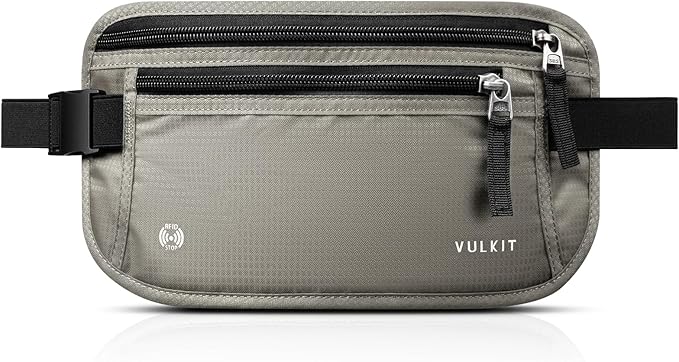VULKIT Money Belt for Travel, Hidden Passport Holder, Anti-Theft Travel Wallet Under Clothes, RFID Blocking Waist Pouch, Undercover Fanny Pack, Cool Gray