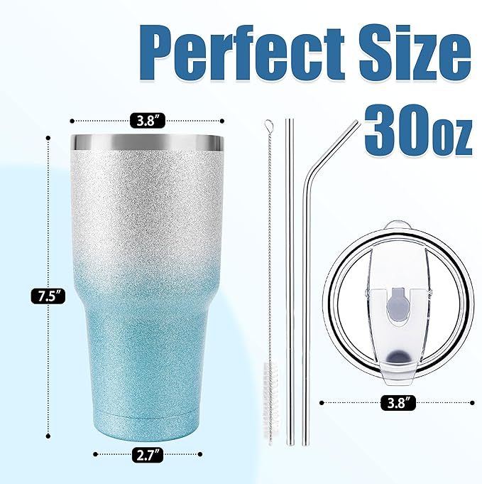 D·S 30 oz Tumbler Blue Glitter Gradient Cup Stainless Steel Double Wall Vacuum Insulated Mug with Straw and Lid, Cleaning Brush for Cold and Hot Beverages