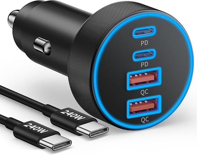 Car Charger USB C Fast Charge, 90W 4-Port Car Phone Charger Super Fast Charging Dual USB-C & USB-A Cigarette Lighter Adapter with 240W Type C Cable for Samsung Galaxy S26/S25/S24/ S23, Pixel, Android