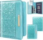 Passport Holder Cover, RFID Travel Wallet Credit Card Holder Blue Green Cute Sparkly Passport Book Holders for Women with Elastic Band and Golden Metal Decoration, Blue Green Glitter