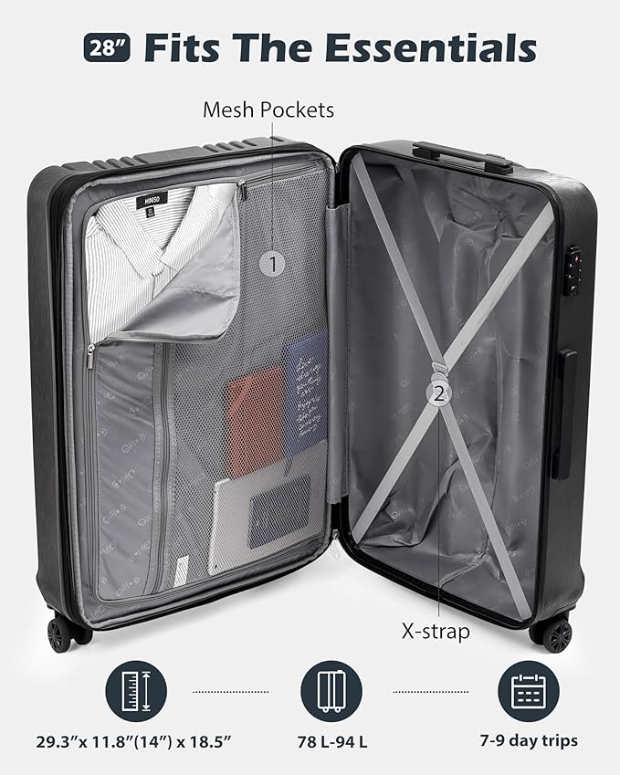 Coolife Luggage PC+ABS Expandable Hardshell Suitcase with TSA Lock, Spinner Checked Lightweight (grey, L(28IN))