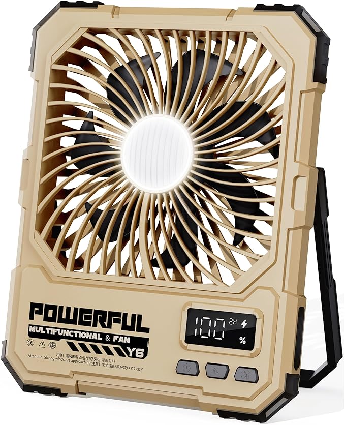 Portable Fan, Camping Fan, 20000mAh 6-Inch 18-85H Rechargeable Ultra Thin Foldable with Built-in Power Bank, LED Light, Remote Control, Hook for Outdoor Camping Tent RV Travel (Khaki)