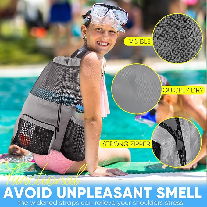 HOHOM Swim Mesh Beach Bag, Waterproof Gym Bags for Women and Men, Large Pool Bag Swimming Gear Drawstring Backpack