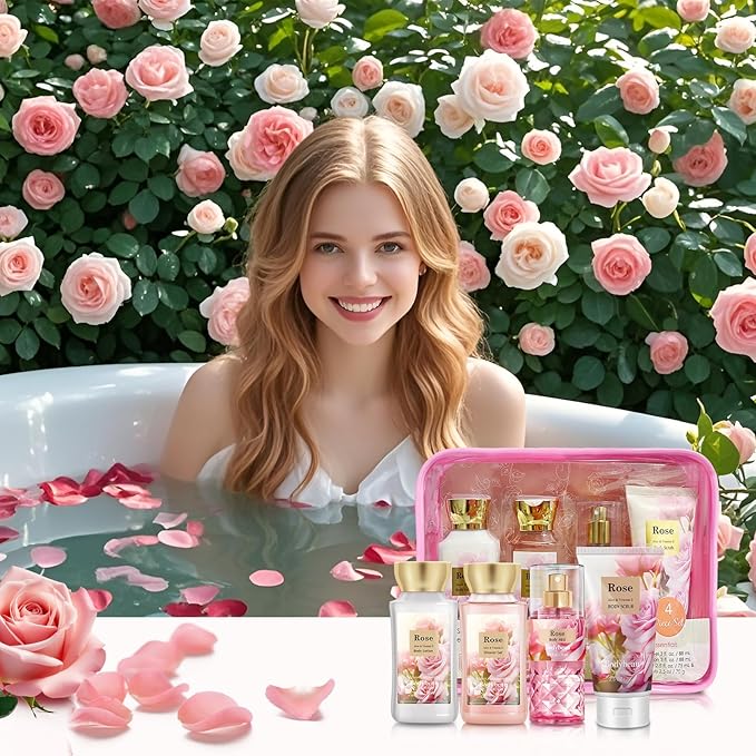 Rose Bath and Body Gift Set for Mom, 4-Piece Set Collection, Shower Gel, Body Lotion, Body Mist, Exfoliating Scrub, Personal Portable Body Care Travel Set, Gift for Mom, Wife, or Grandma