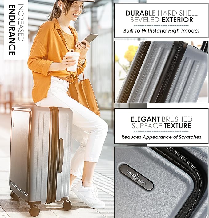 TRAVELARIM Grey Hardshell Luggage Sets 4 Piece, Durable Suitcase Set, Travel Luggage Set with Integrated TSA Lock, 360° Spinner Wheels, Expandable Medium and Large Checked Suitcase, 20/24/28 Inch