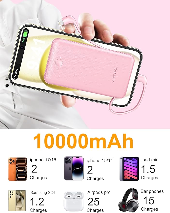 miisso Ultra Slim 10000mAh Power Bank Built-in Cables and Foldable AC Wall Plug, Pocket Size USB C Portable Charger, External Battery Pack Compatible with iPhone Samsung, Pink