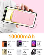 miisso Ultra Slim 10000mAh Power Bank Built-in Cables and Foldable AC Wall Plug, Pocket Size USB C Portable Charger, External Battery Pack Compatible with iPhone Samsung, Pink