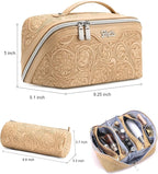 BOYATU Travel Makeup Bags Cosmetic Organizer Bag: 3 Pcs Set Large Capacity Floral Make up Bag with Compartments - Waterproof Leather Toiletry Bags with Handle for Women (17-Apricot)