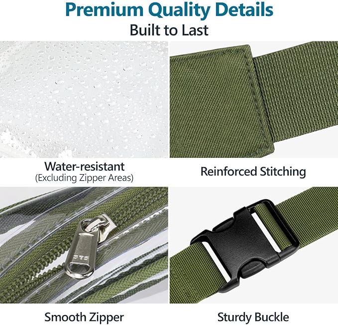 Veckle Clear Fanny Pack Stadium Approved - Plus Size 35-51 Inch Adjustable Strap Transparent Belt Bag for Women Men Fits 7.5" Smartphone, Crossbody Clear Bag for Stadium Events Sports Concerts, Green