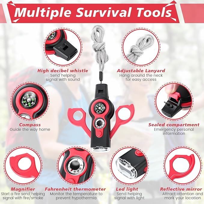 Arrowbash 12 Pack Emergency Survival Whistle 7-in-1 Compass Hiking Survival Safety Whistle with Lanyard Outdoor Multifunctional Tool Ideal for Hiking Camping Rescue Signaling