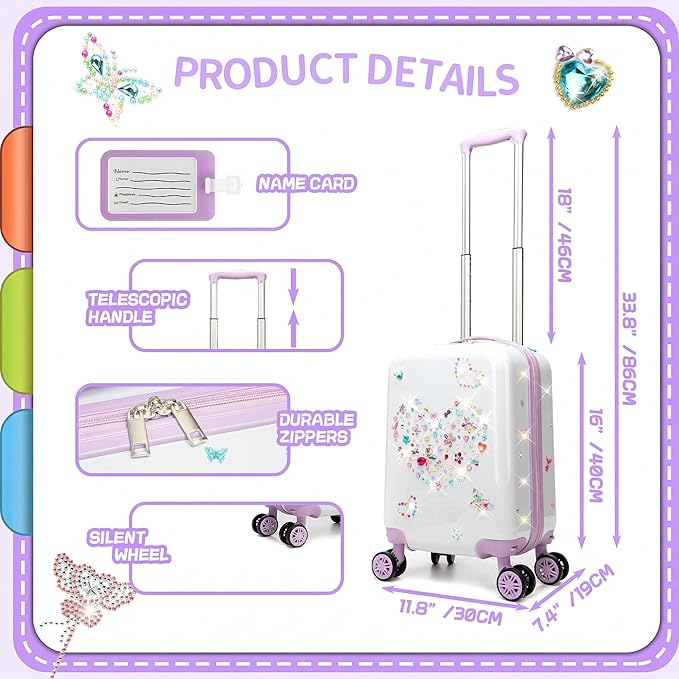Kids Luggage Sets Suitcase Set with Travel Pillow for Girls 10 Sheets Gem Stickers Small Suitcase with Wheels Hardshell Carry on Luggage for Airplane Travel Essential DIY Styles Purple