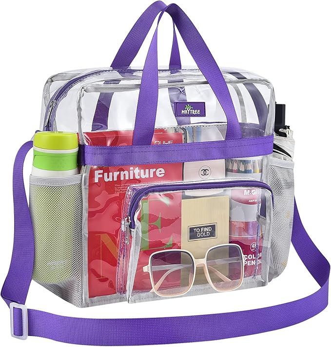 MAY TREE Clear Bag for Stadium Events 12×6×12 Clear Tote Lunch Bag with Reinforced Straps for Work, Sporting Events and Gym, Purple