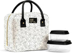 Fit & Fresh Bloomington Lunch Bag for Women - Insulated Large Lunch Box for Work with Containers, Leak-Resistant, Stain-Resistant, Zipper Closure, Black and White Sketched Bows