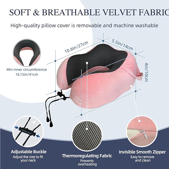 Travel Pillow with Extra Large Hood for Airplane Long Flights Privacy and Comfort Memory Foam with Velvet Cover for Road Trip Head&Neck Support for Plane Office Cars Sleeping & Rest (Pink)